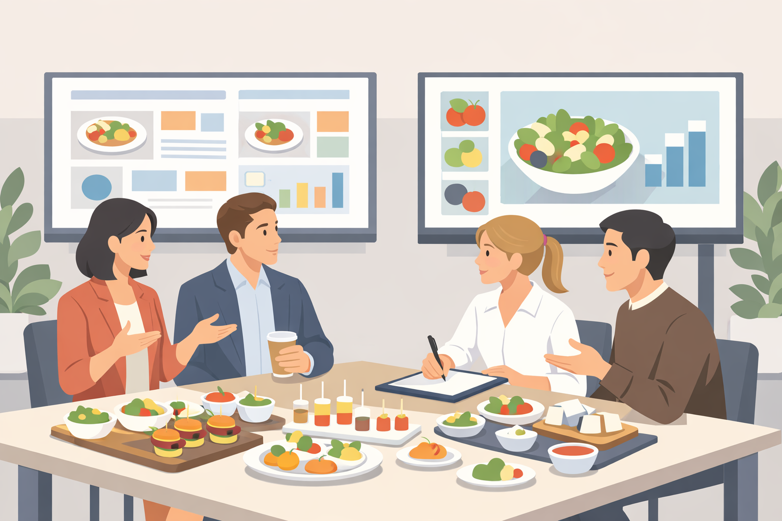Illustrazione di un evento dedicato alla comunicazione del cibo con persone al lavoro su materiali visivi
