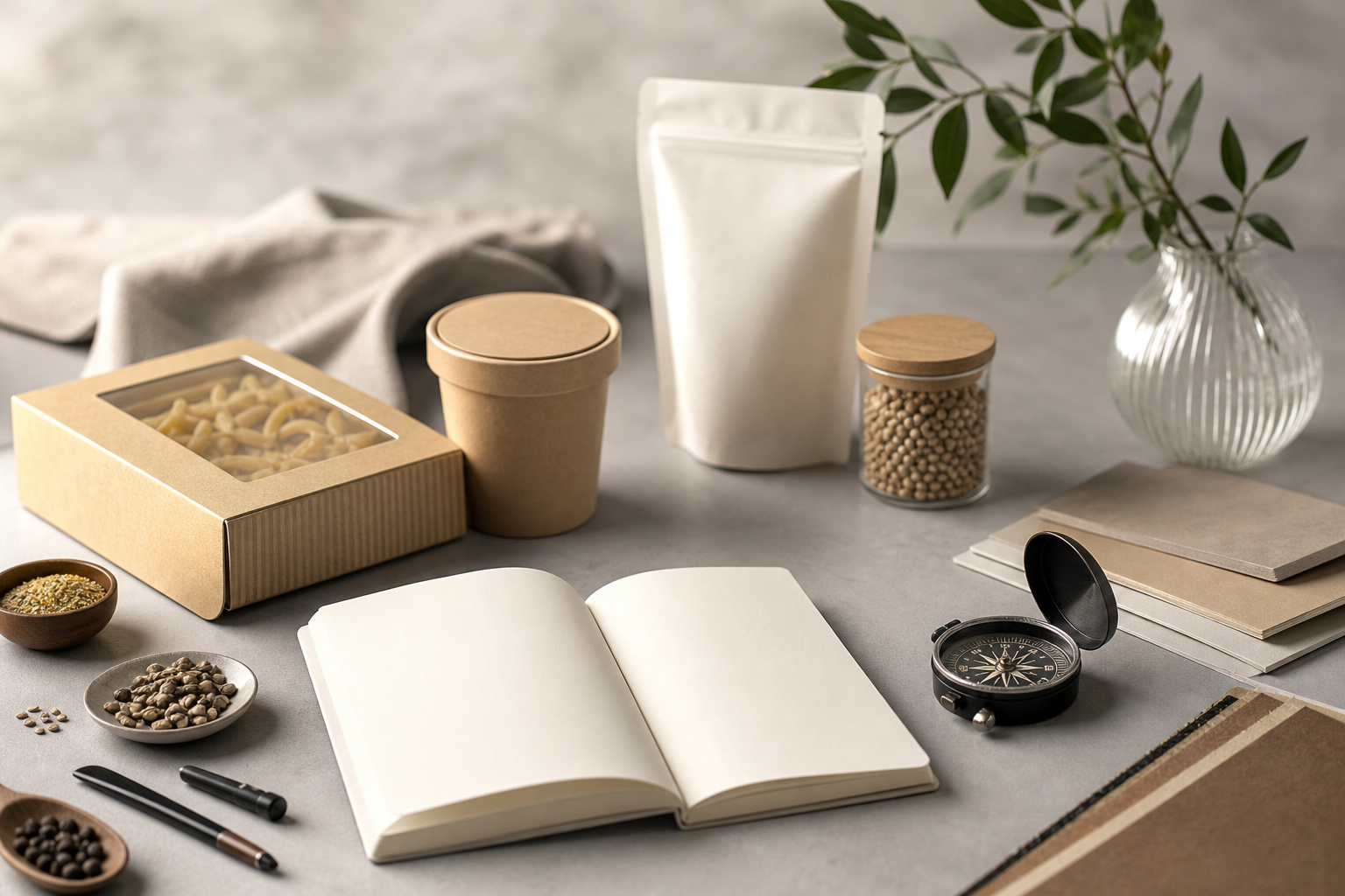 Tavolo di lavoro con packaging generico, taccuino e bussola come metafora di purpose e posizionamento nel food