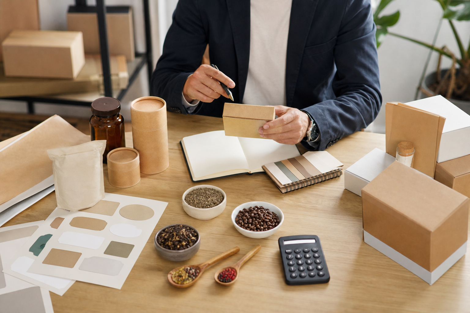 Scrivania con campioni packaging neutri e strumenti di pianificazione marketing