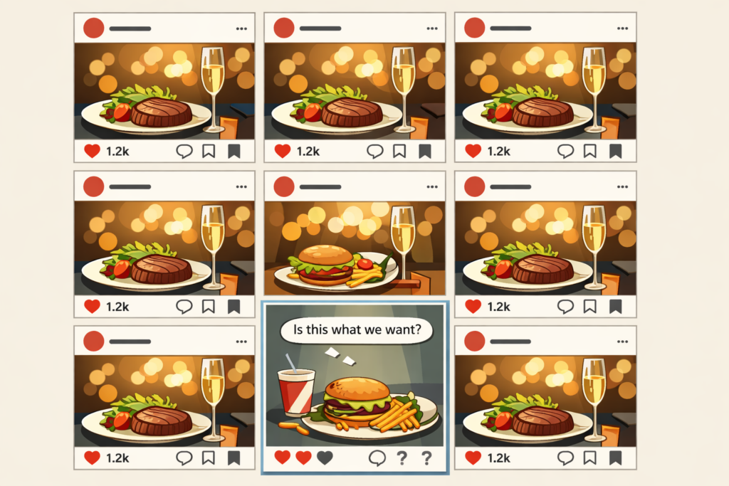 Illustrazione di feed social con immagini food ripetitive e una in evidenza che le mette in discussione