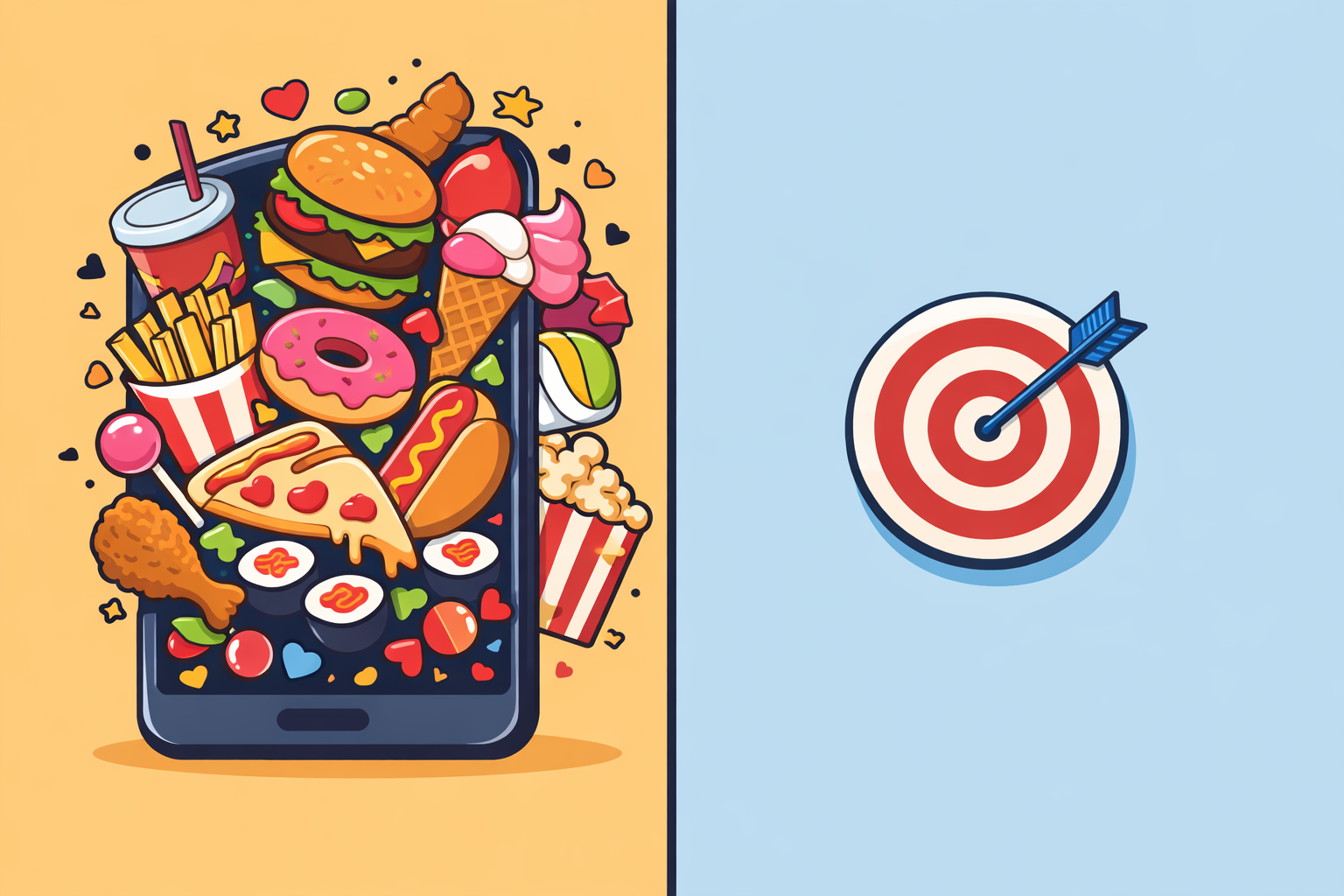 Illustrazione contenuti food caotici contrapposti a obiettivo strategico