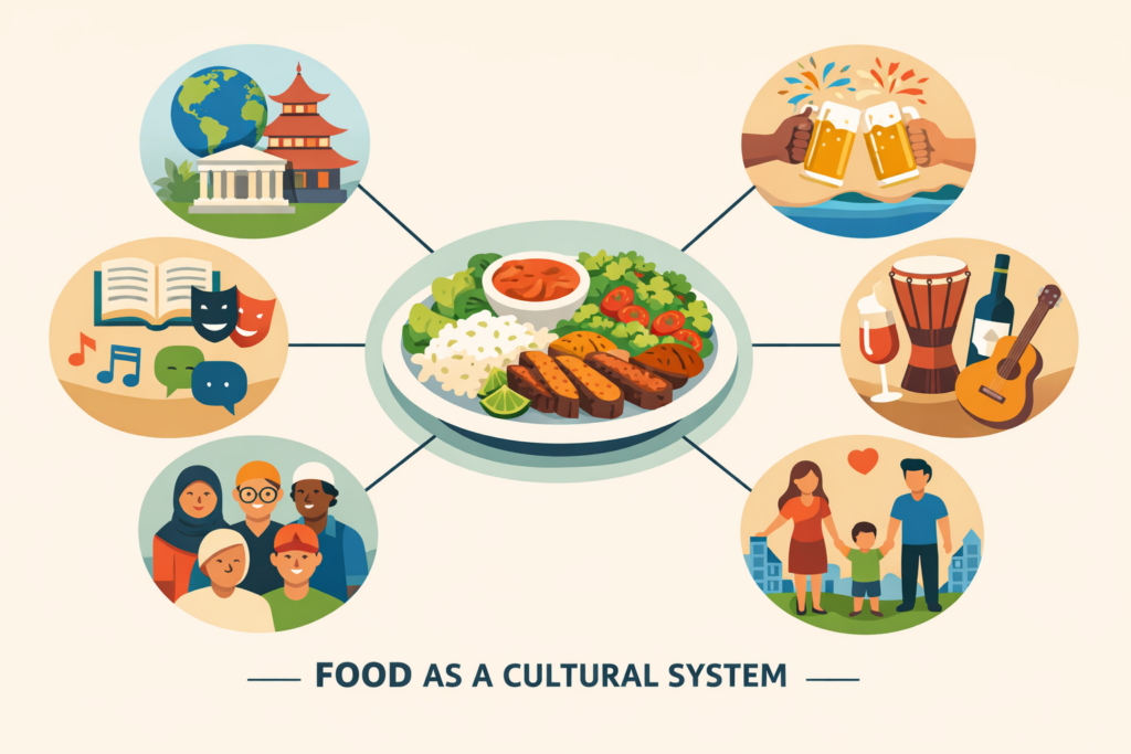 Illustrazione di un piatto collegato a simboli culturali e sociali