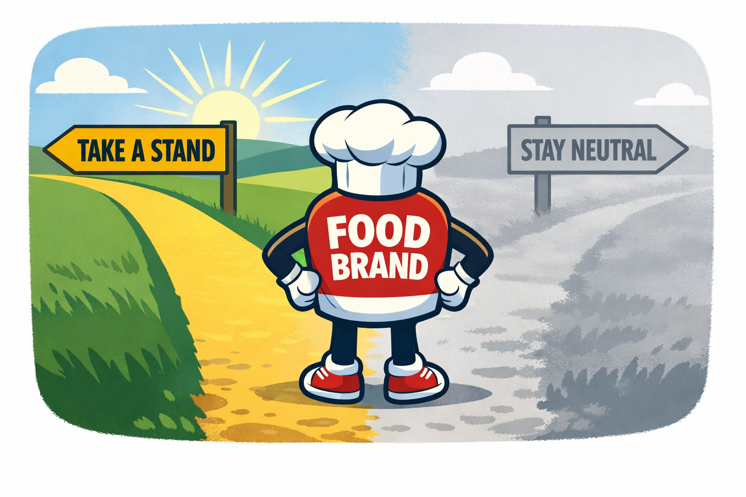Illustrazione brand food a un bivio tra scelta netta e neutralità