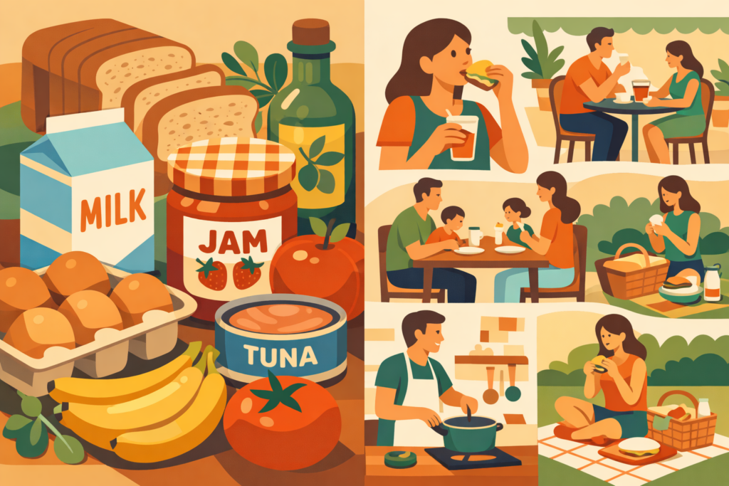 Illustrazione divisa tra prodotti alimentari e scene di lifestyle legate al cibo