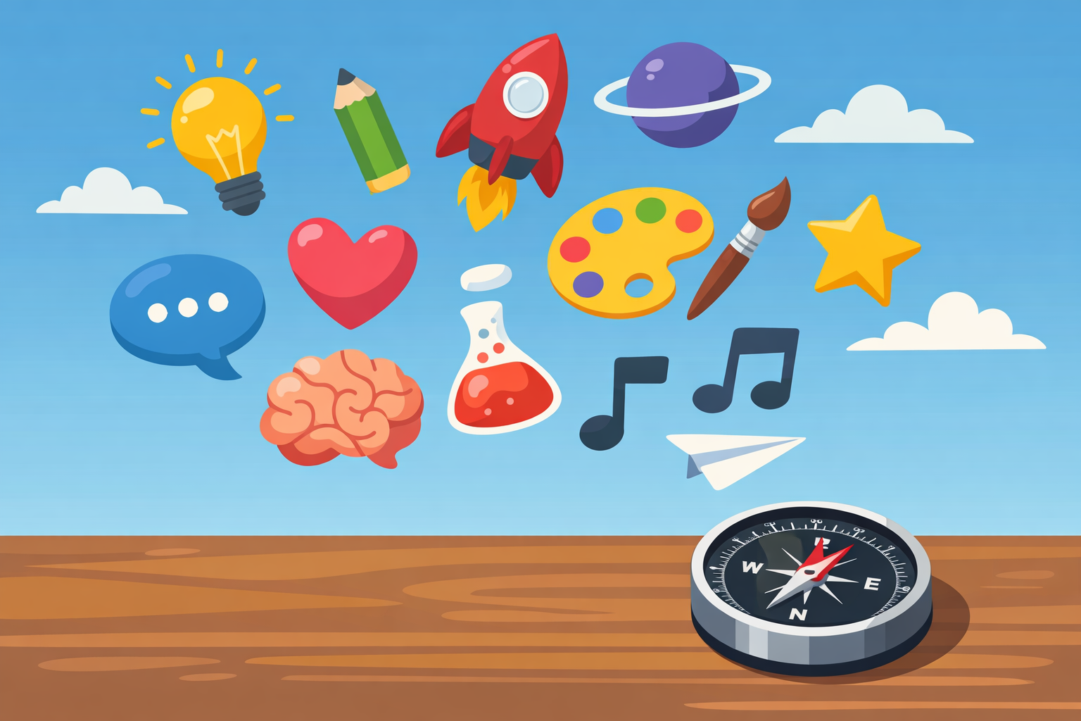 Illustrazione idee creative scollegate e bussola inutilizzata