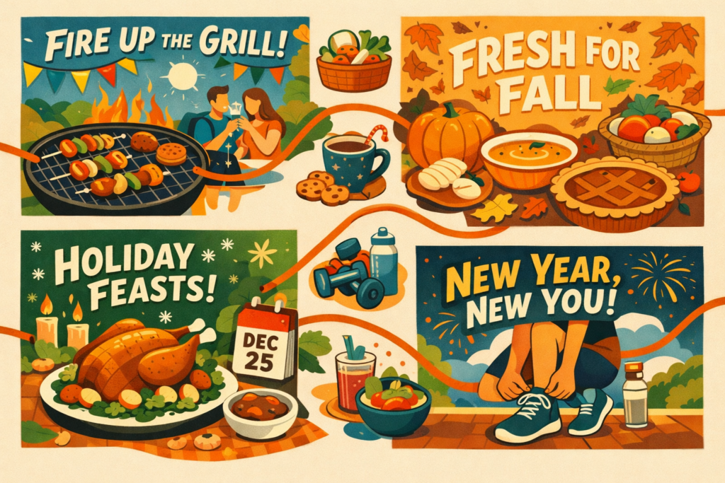 Illustrazione di campagne food diverse collegate da un filo narrativo comune