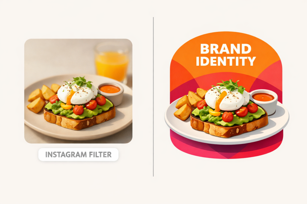 Illustrazione che contrappone un filtro Instagram generico a una forte identità di marca nel food