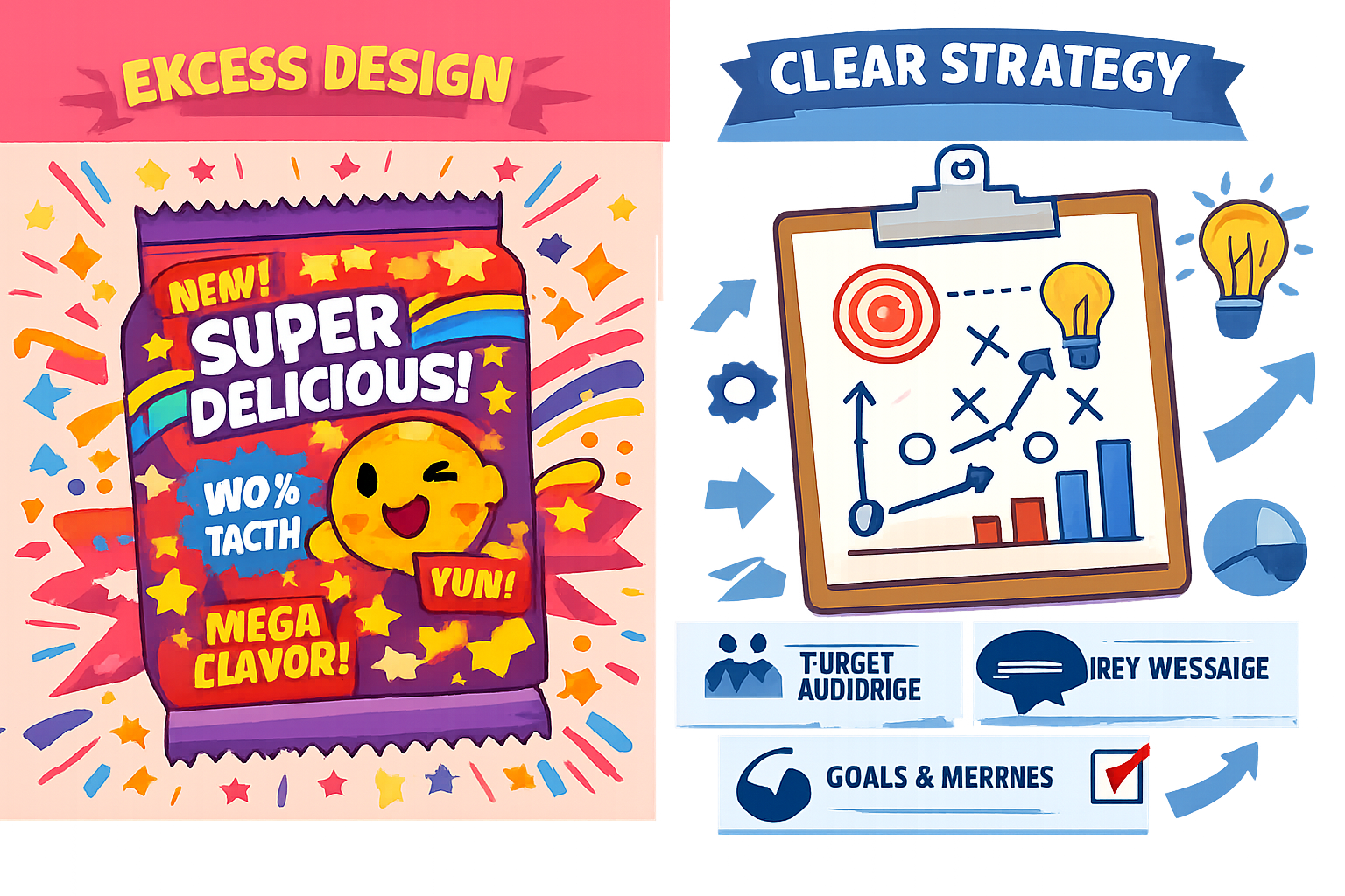 Illustrazione packaging eccessivo contrapposto a progetto strategico essenziale